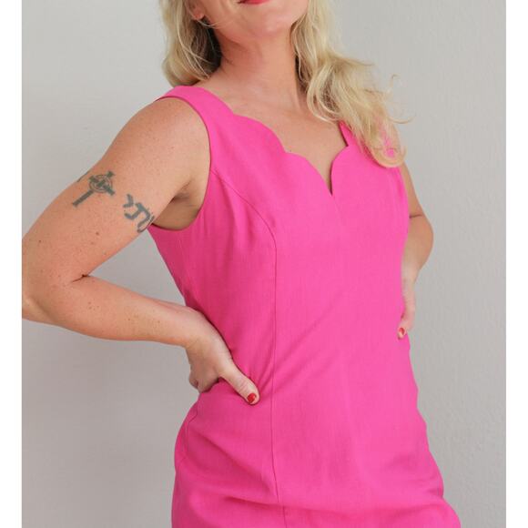 1990's Vintage Moda Int'l Scalloped Linen Cocktail Dress Women's MD 8 10 Sheath - Picture 3 of 10